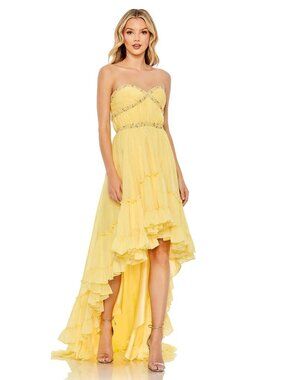 Mac Duggal 68096 Strapless Beaded Chiffon High Low Yellow Gown NWT Formal Sz 8